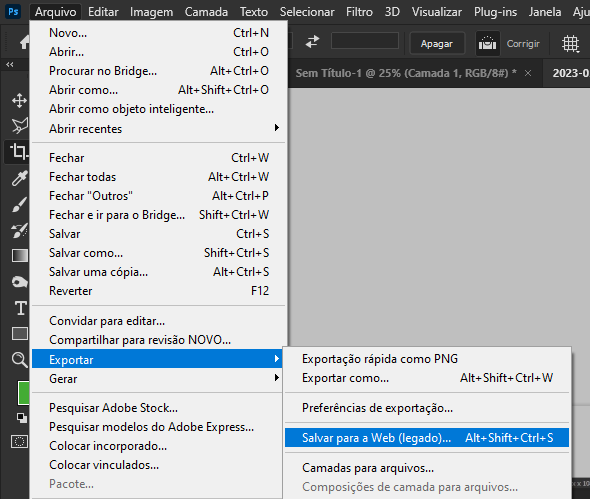 photoshop arquivo exportar salvar para a web