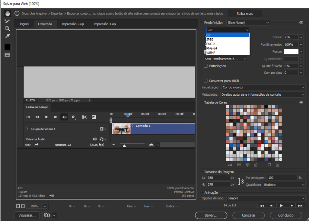 photoshop salvar para a web GIF